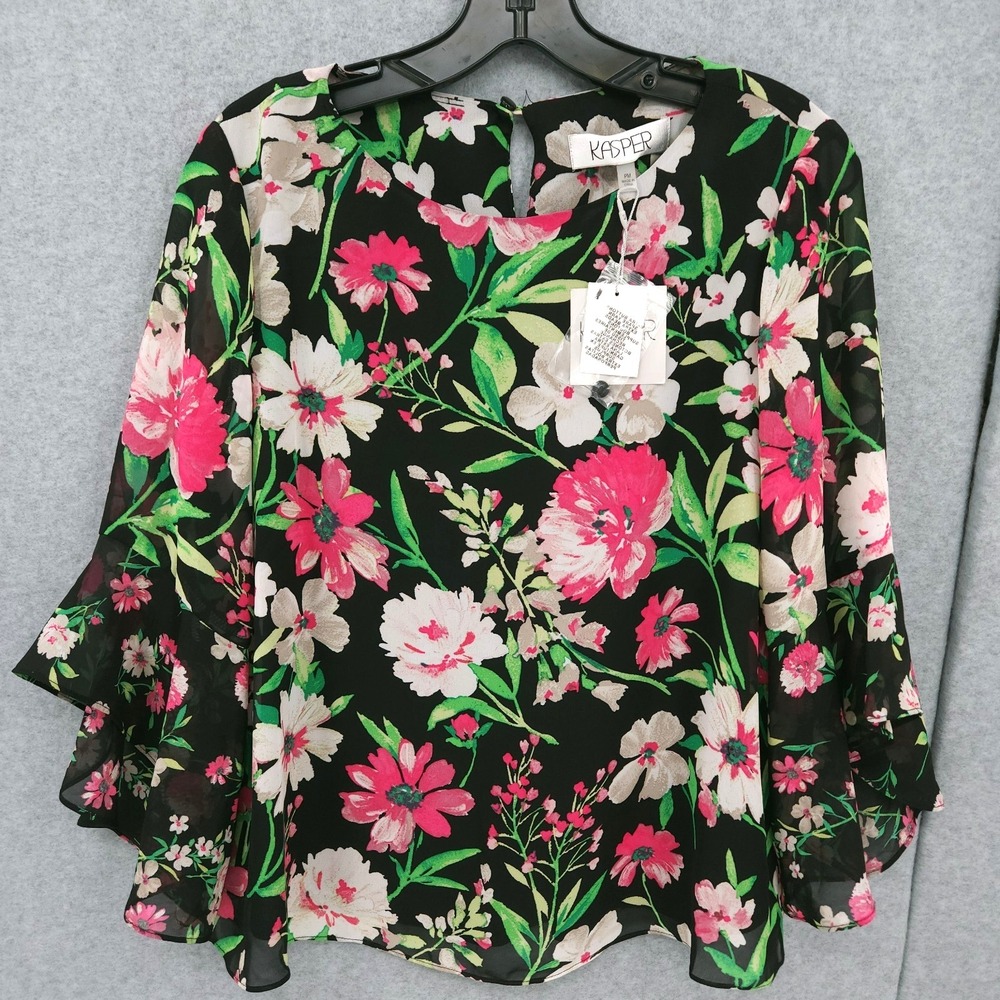 Kasper Floral Chiffon Ruffle Bell Sleeve Multi Blouse Womens Size PM NWT